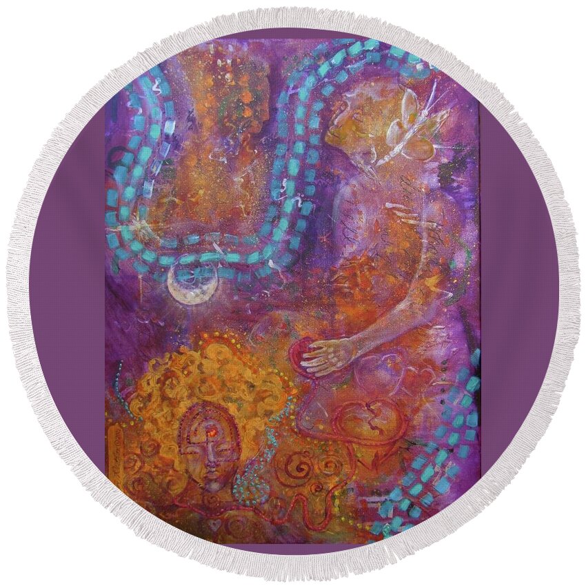 Known And Unknown Round Beach Towel featuring the painting Dreaming Between the Known and Unknown by Feather Redfox