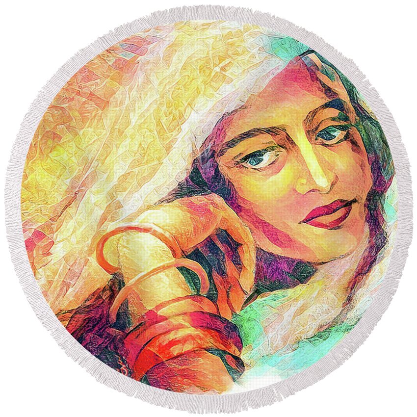 Indian Woman Round Beach Towel featuring the painting Dreaming Under The Sunset Light by Eva Campbell
