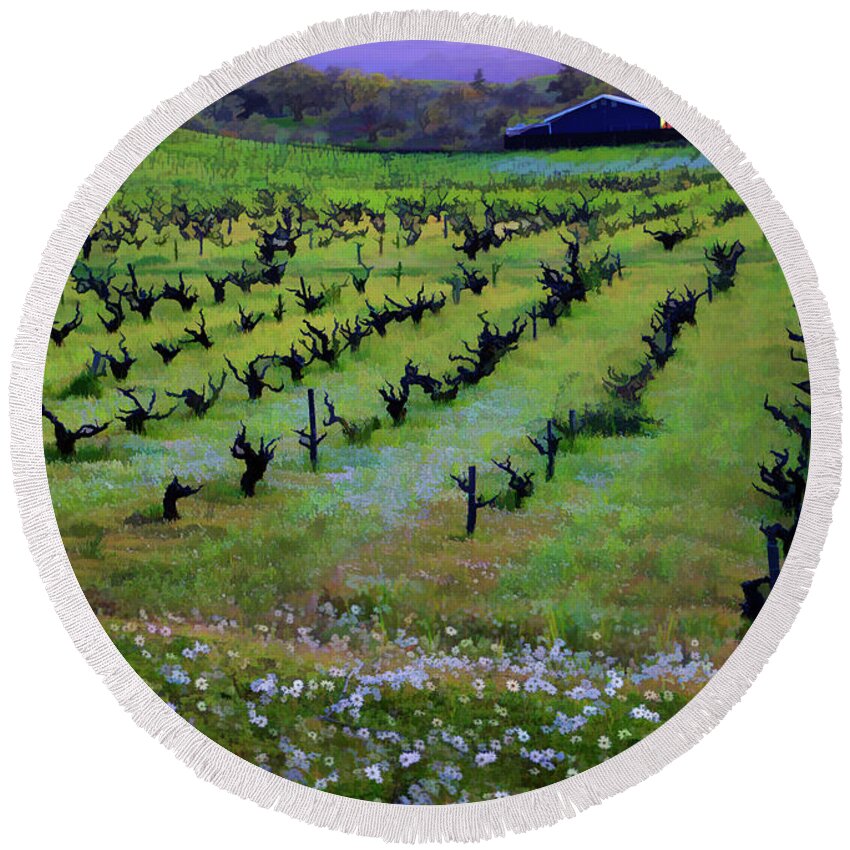 Wine Country Round Beach Towel featuring the photograph Dremy Vineyards by Melinda Hughes-Berland