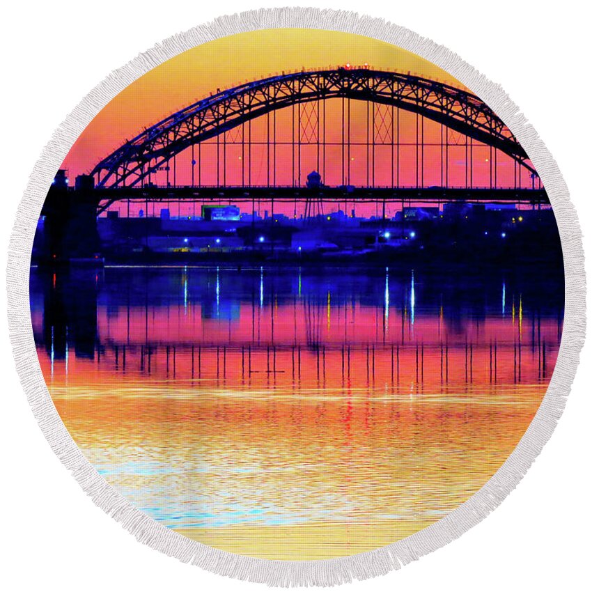 Bridge Round Beach Towel featuring the photograph Drenched in Sunset Colors by Linda Stern
