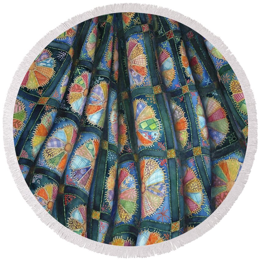 Watercolor Round Beach Towel featuring the painting Dresden Plate Quilt by Helen Klebesadel