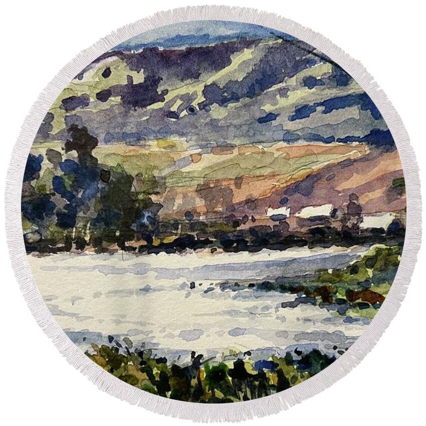 Landscape Round Beach Towel featuring the painting Drifting on the Yellowstone by Les Herman