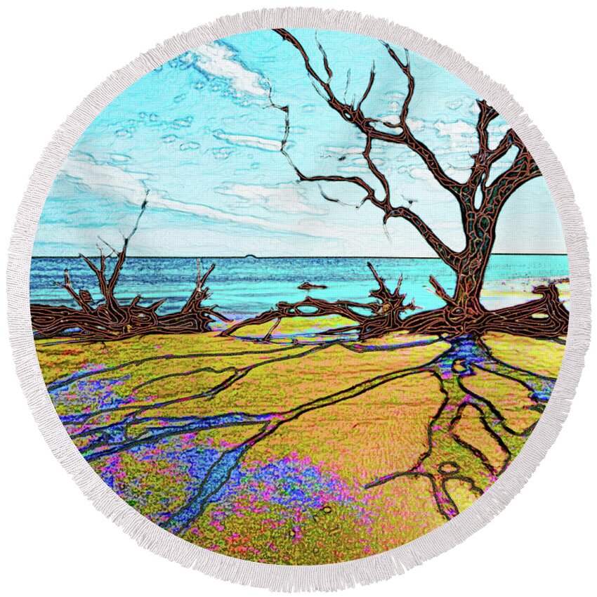 Jekyll Isand. Georgia Round Beach Towel featuring the digital art Driftwood Beach by Rod Whyte