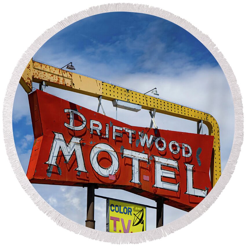 Denver Round Beach Towel featuring the photograph Driftwood Motel by Matthew Bamberg
