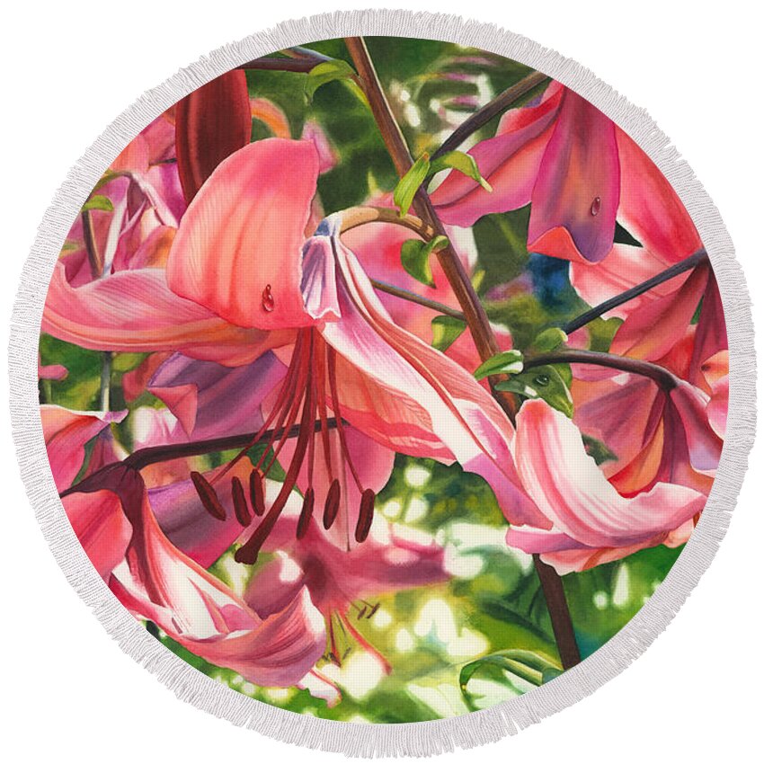 Lilies Round Beach Towel featuring the painting Dripping Fragrance by Espero Art