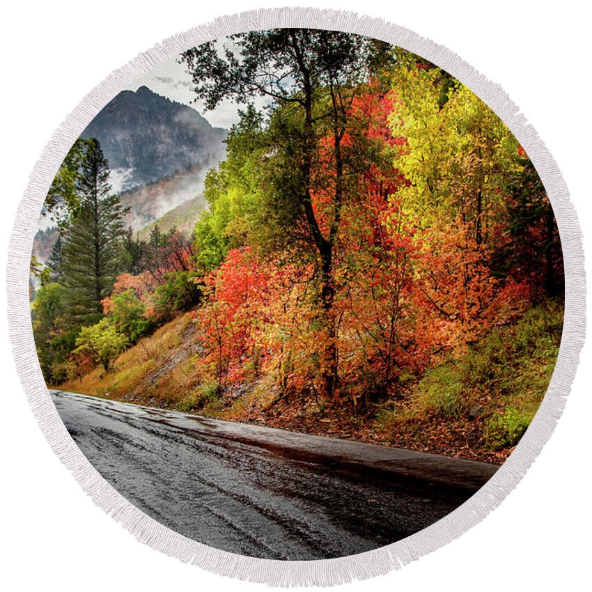 Drive Into Fall Round Beach Towel featuring the photograph Drive into Fall by David Millenheft