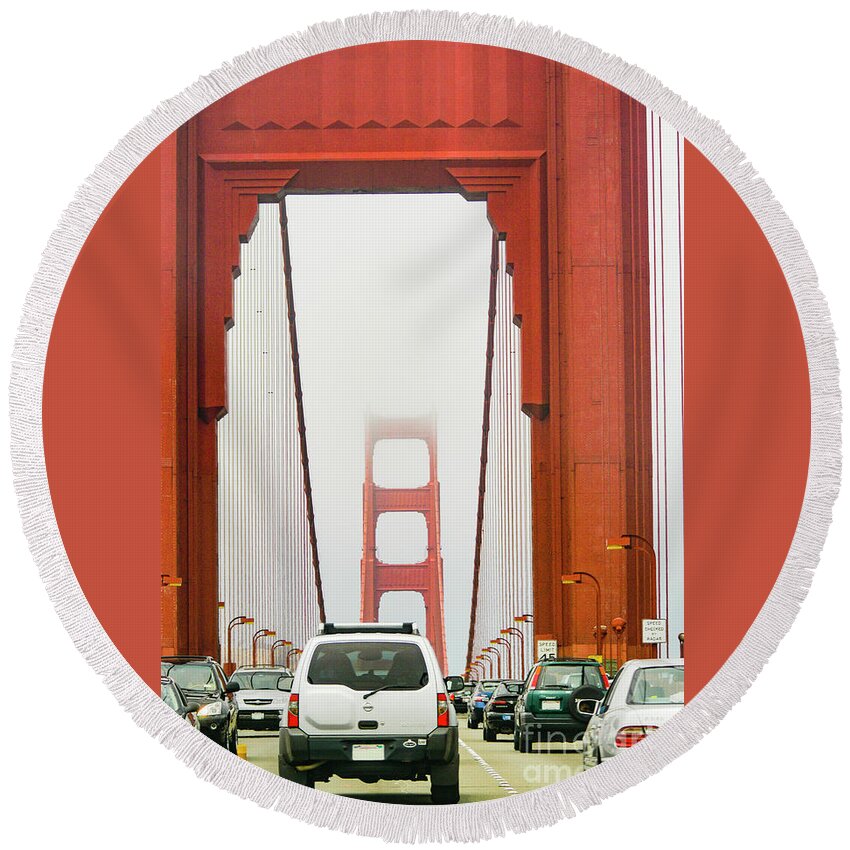 Golden Gate Bridge Round Beach Towel featuring the photograph Driving into low clouds and fog on the Golden Gate Bridge by Gunther Allen