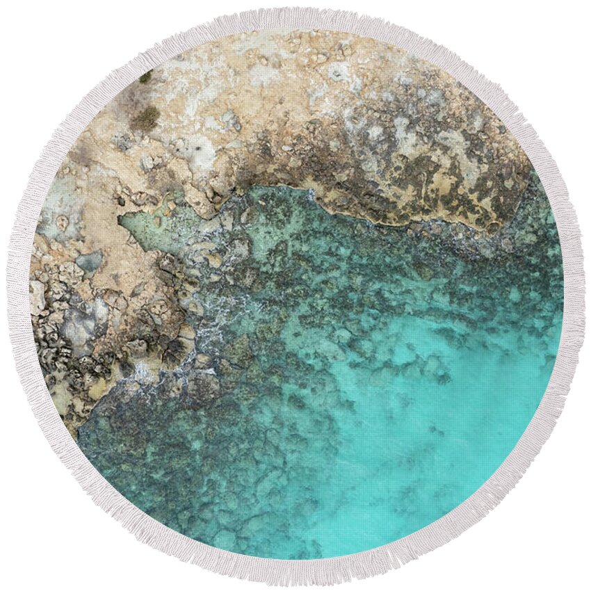 Rocky Beach Round Beach Towel featuring the photograph Drone aerial of rocky sea coast with transparent turquoise water. Seascape top view by Michalakis Ppalis