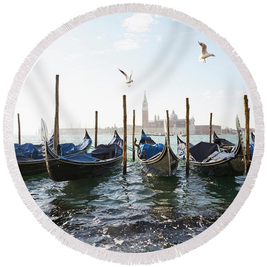 Art Round Beach Towel featuring the photograph Dsc6469 - Seagulls on blu gondola, Venice by Marco Missiaja