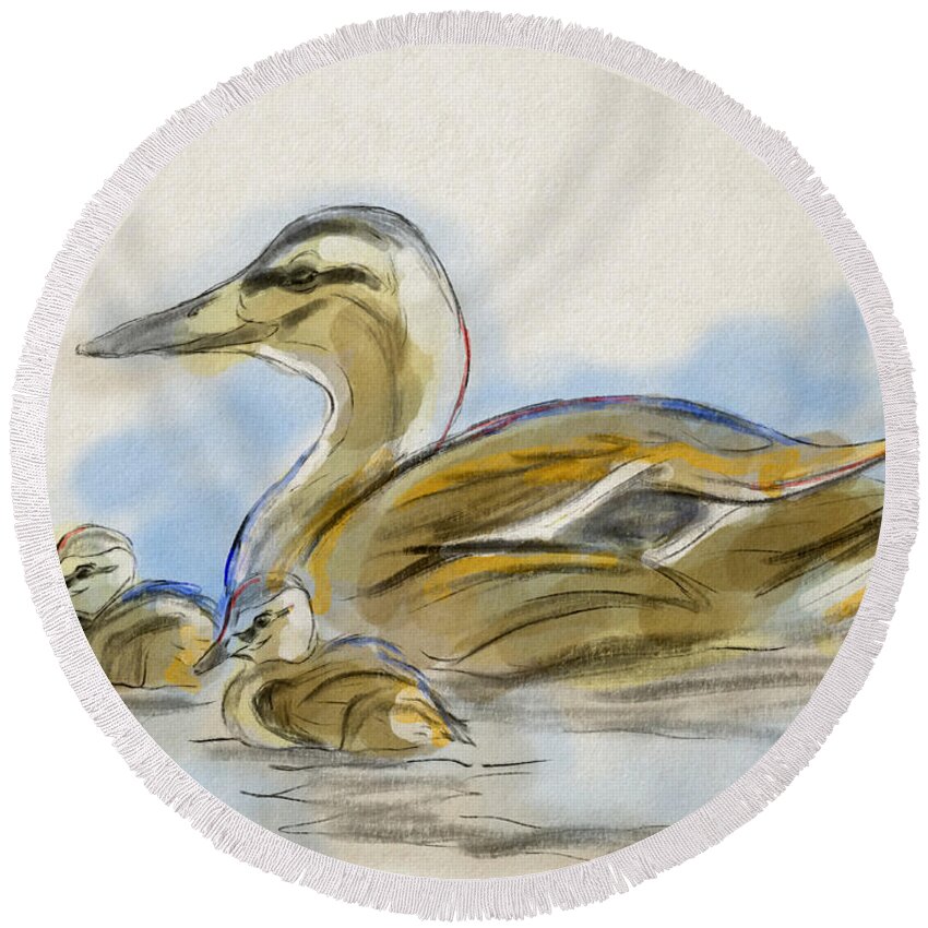 Birds Round Beach Towel featuring the digital art Duck And Ducklings by Michael Kallstrom
