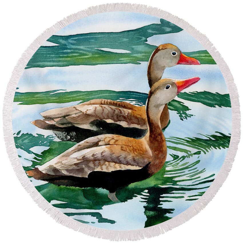 Esperoart Round Beach Towel featuring the painting Ducks by Espero Art