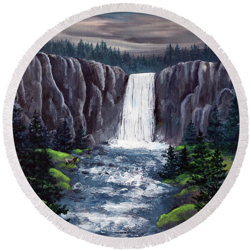 Tumalo Falls Round Beach Towel featuring the painting Dusk at Tumalo Falls by Laura Iverson