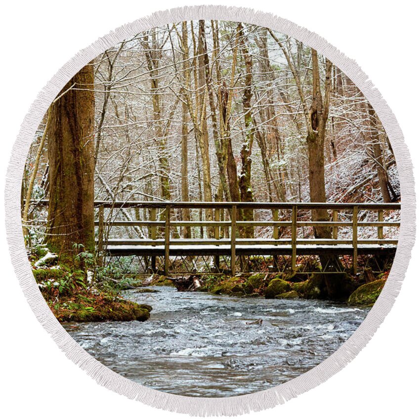 Carolina Round Beach Towel featuring the photograph Dusting of Snow on the Bridge by Debra and Dave Vanderlaan