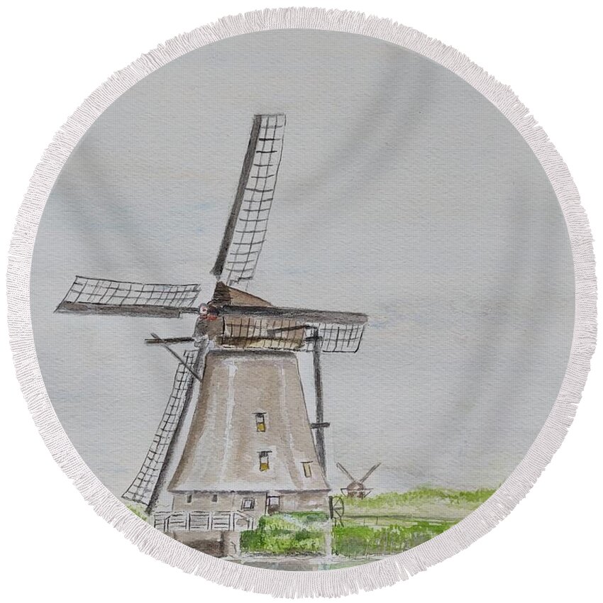 Windmill Round Beach Towel featuring the painting Dutch Windmill by Claudette Carlton