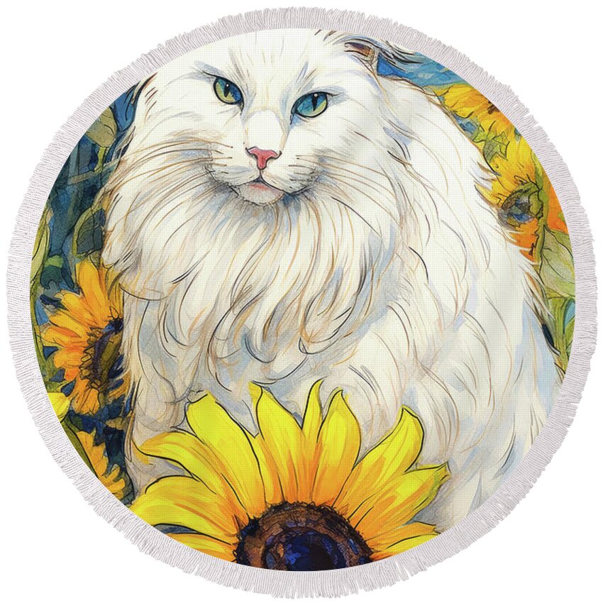 Cat Round Beach Towel featuring the painting Dutchess In The Sunflowers by Tina LeCour