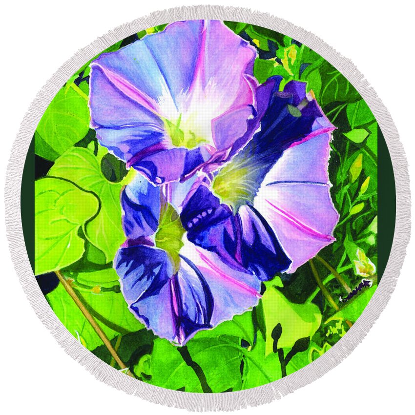 Watercolor Flowers Round Beach Towel featuring the painting Early Morning Glory by Barbara Jewell