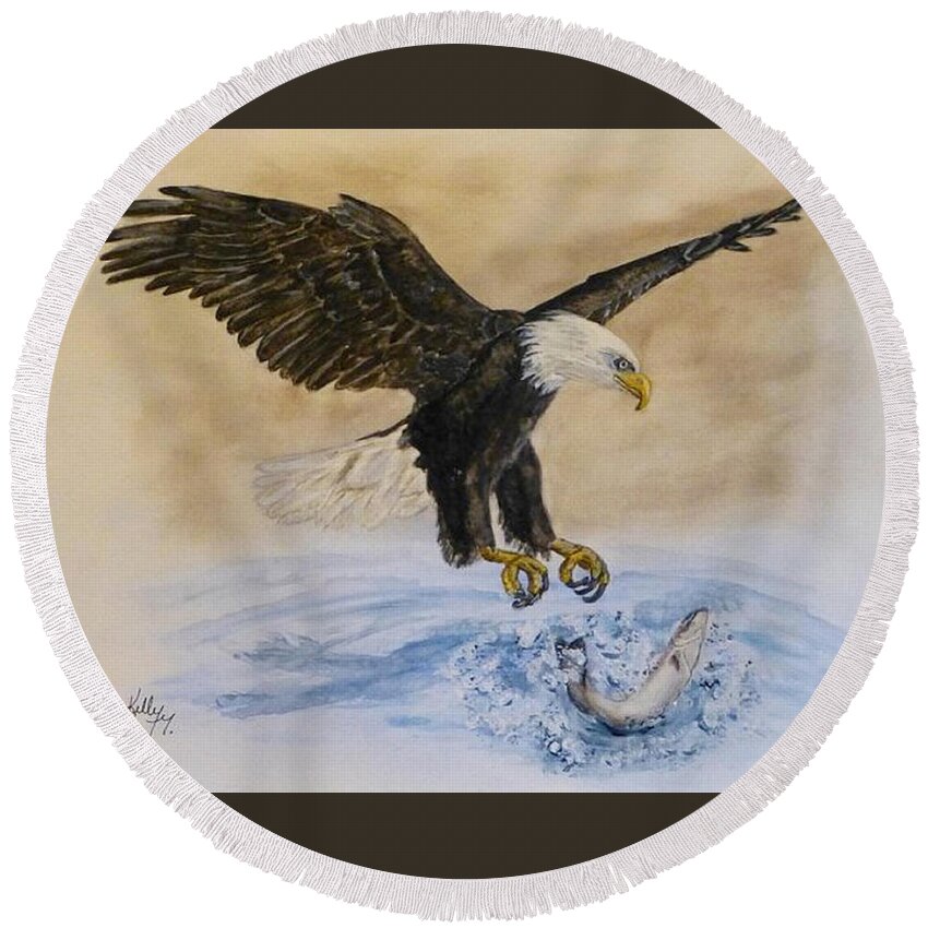Eagle Round Beach Towel featuring the painting Eagles Easy Catch by Kelly Mills