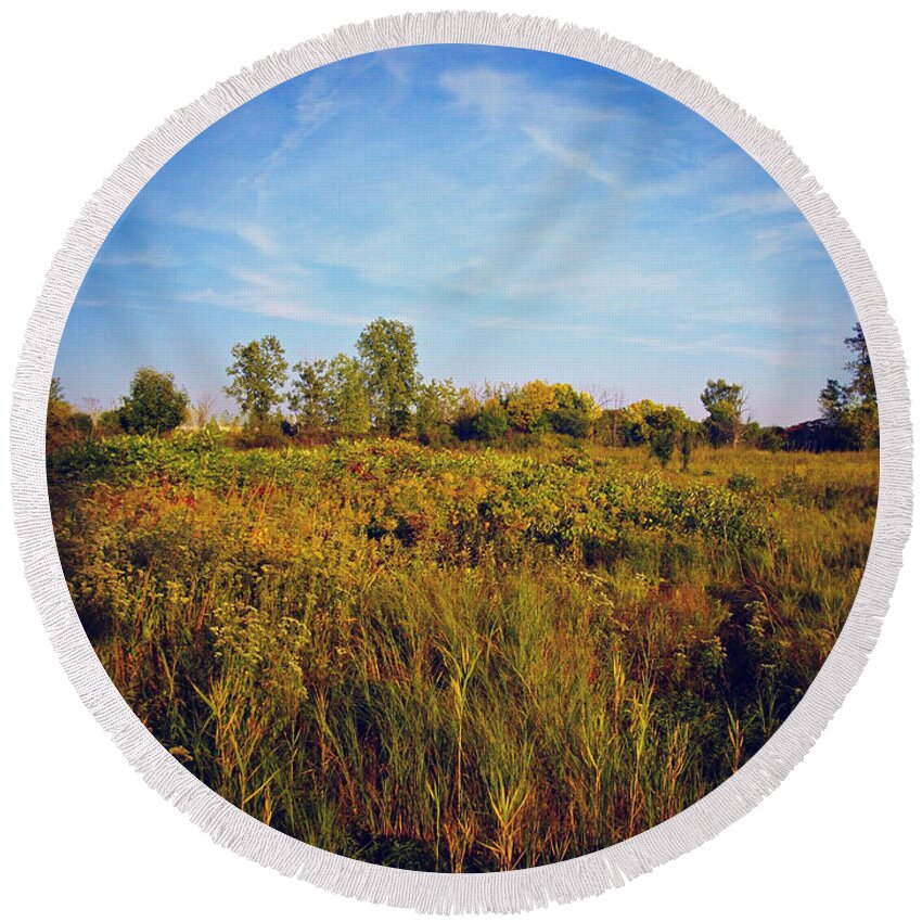 Nature Round Beach Towel featuring the photograph Early Autunm Sun On The Prairie by Frank J Casella