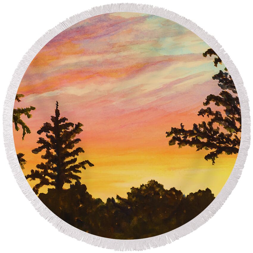 Landscape Round Beach Towel featuring the painting Early June Sunset by Lee Beuther