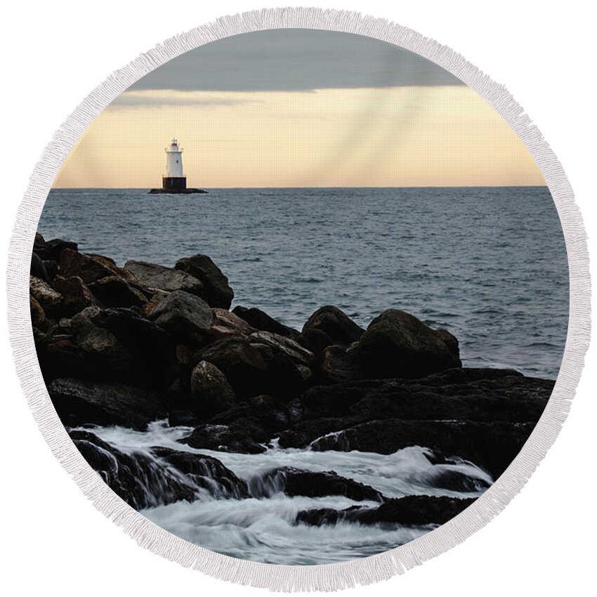 Andrew Pacheco Round Beach Towel featuring the photograph Early Morning At Sakonnet Point Lighthouse by Andrew Pacheco