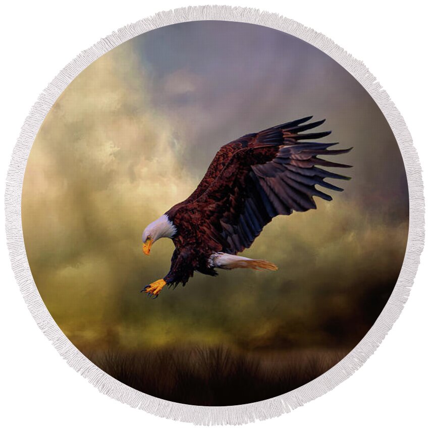 Bald Eagle Round Beach Towel featuring the mixed media Early Morning Hunt by Kathy Kelly