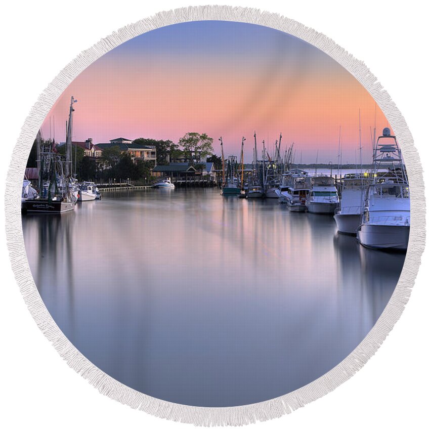 Shem Creek Round Beach Towel featuring the photograph Early Morning Light on Shem Creek by Shelia Hunt