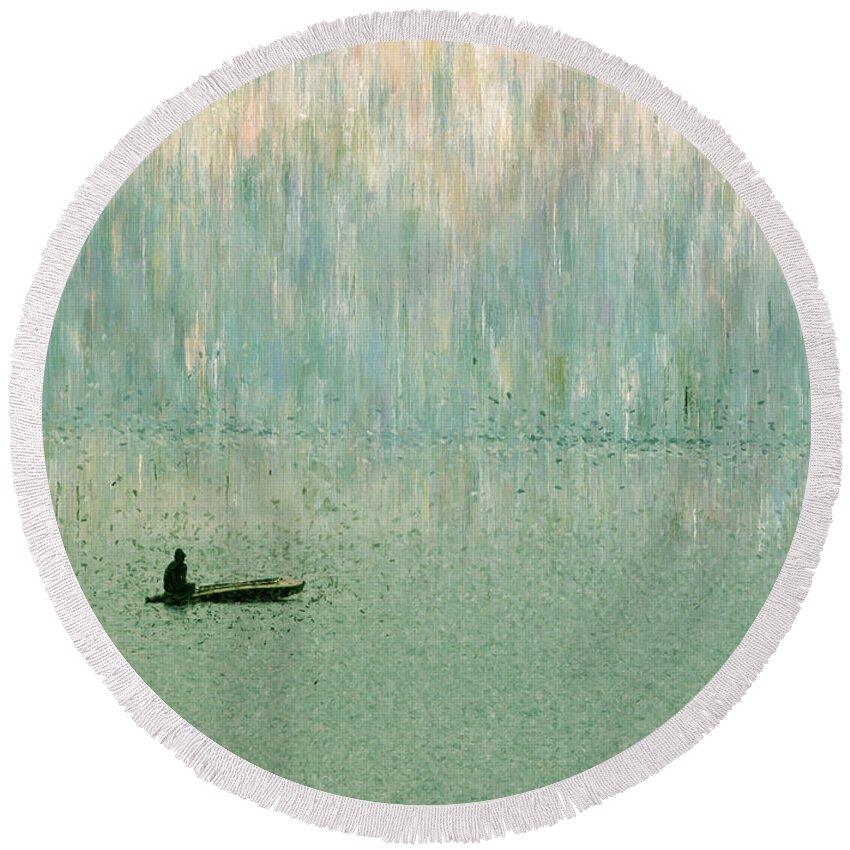 Great Lakes Round Beach Towel featuring the painting Early Morning On The Lake by Alex Mir