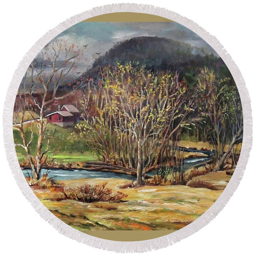 Peaked Mountain Round Beach Towel featuring the painting Early Spring Below Peaked Mountain in Piermont New Hampshire by Nancy Griswold