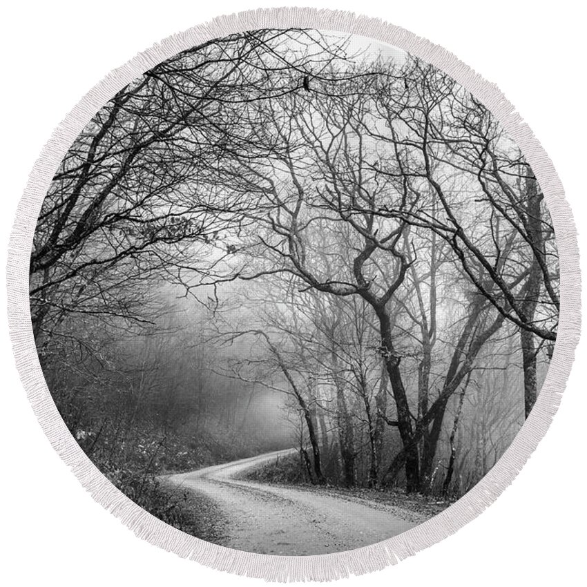 Roads Round Beach Towel featuring the photograph Early Winter Light in the Trees Black and White by Debra and Dave Vanderlaan