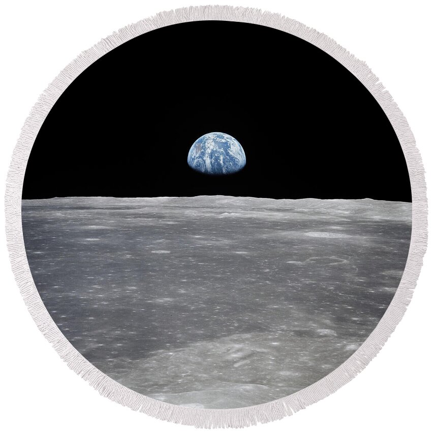 Earthrise Over Moon Horizon Round Beach Towel featuring the digital art Earthrise over moon surface by Stoneworks Imagery