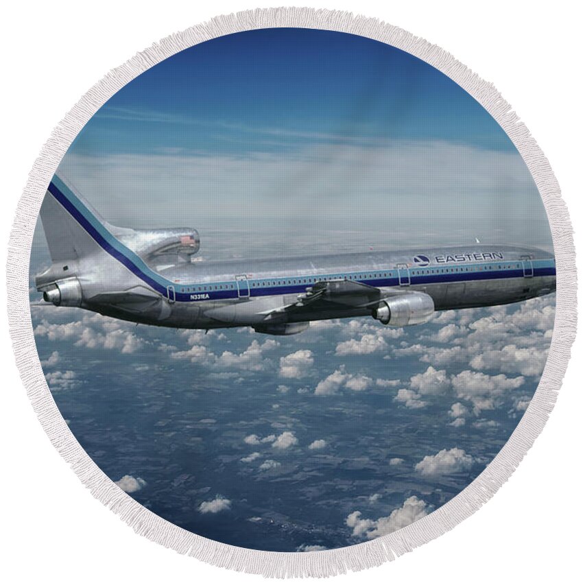 Eastern Airlines Round Beach Towel featuring the mixed media Eastern Airlines L-1011 TriStar by Erik Simonsen