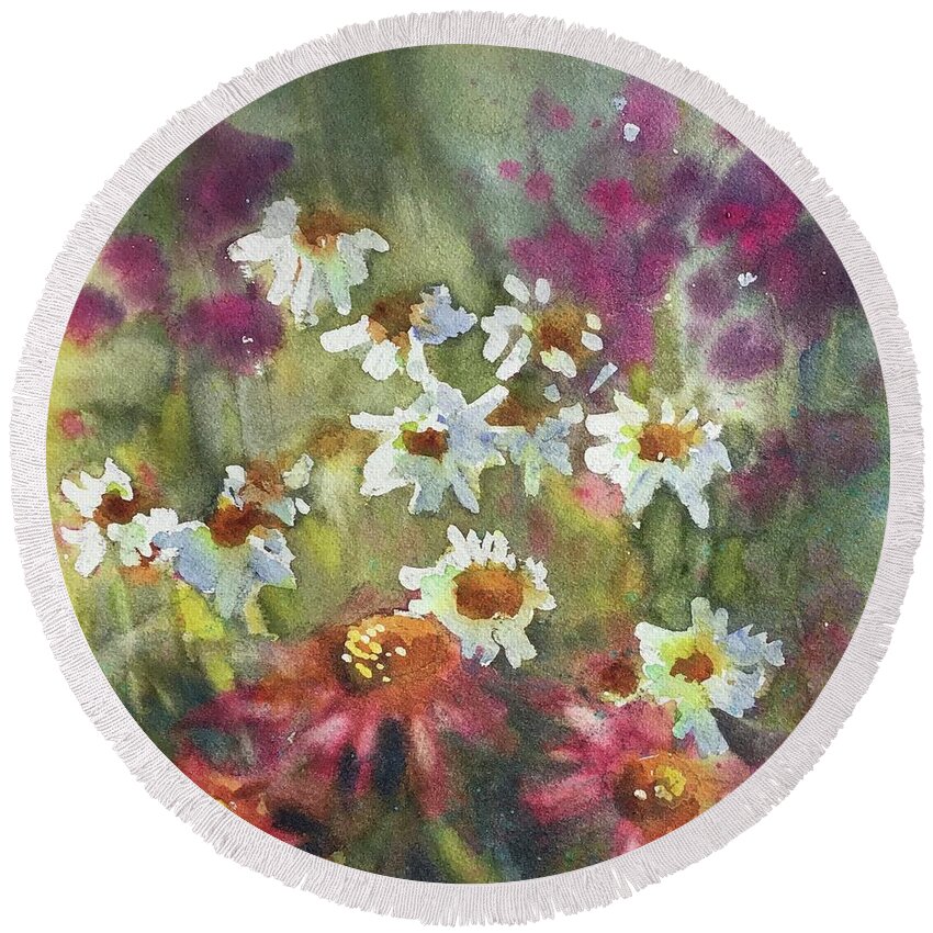 Flowers Round Beach Towel featuring the painting Echinacea and Yarrow by Judith Levins