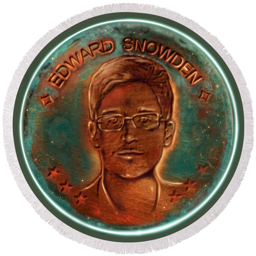 Wunderle Art Round Beach Towel featuring the mixed media Edward Snowden by Wunderle