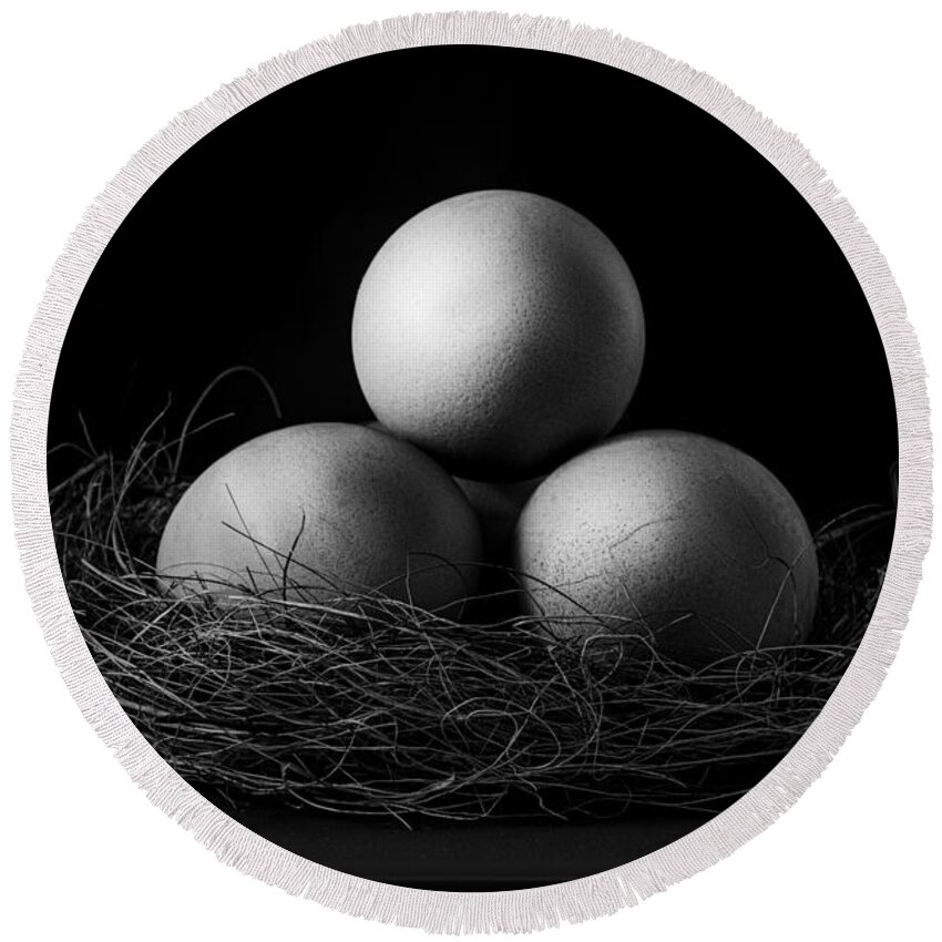 Eggs Round Beach Towel featuring the photograph Egg nest in black and white by Alessandra RC