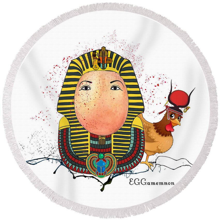 Egg Round Beach Towel featuring the painting EGGamemnon by Miki De Goodaboom