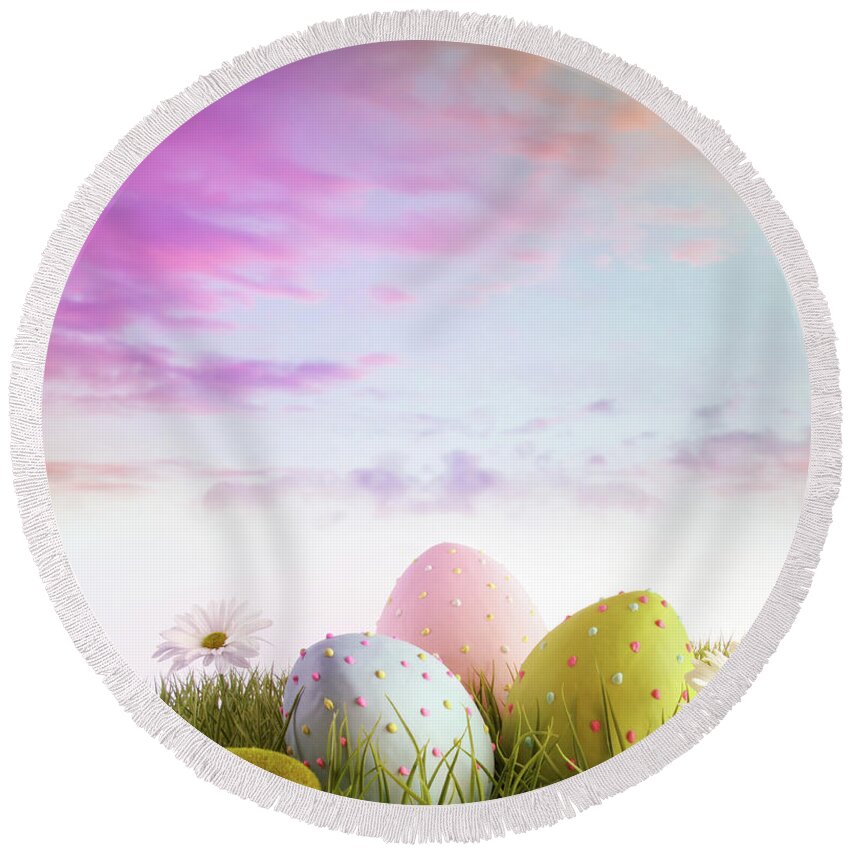 Blue Round Beach Towel featuring the photograph Eggs with daisies in grass with rainbow color sky by Sandra Cunningham