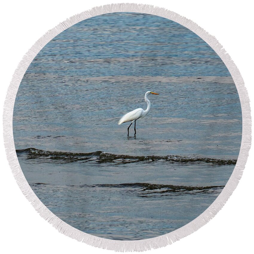 Bird Round Beach Towel featuring the photograph Egret at Twilight by Leslie Struxness