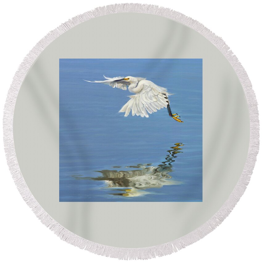 White Bird Round Beach Towel featuring the painting Egret crop by Laurie Snow Hein