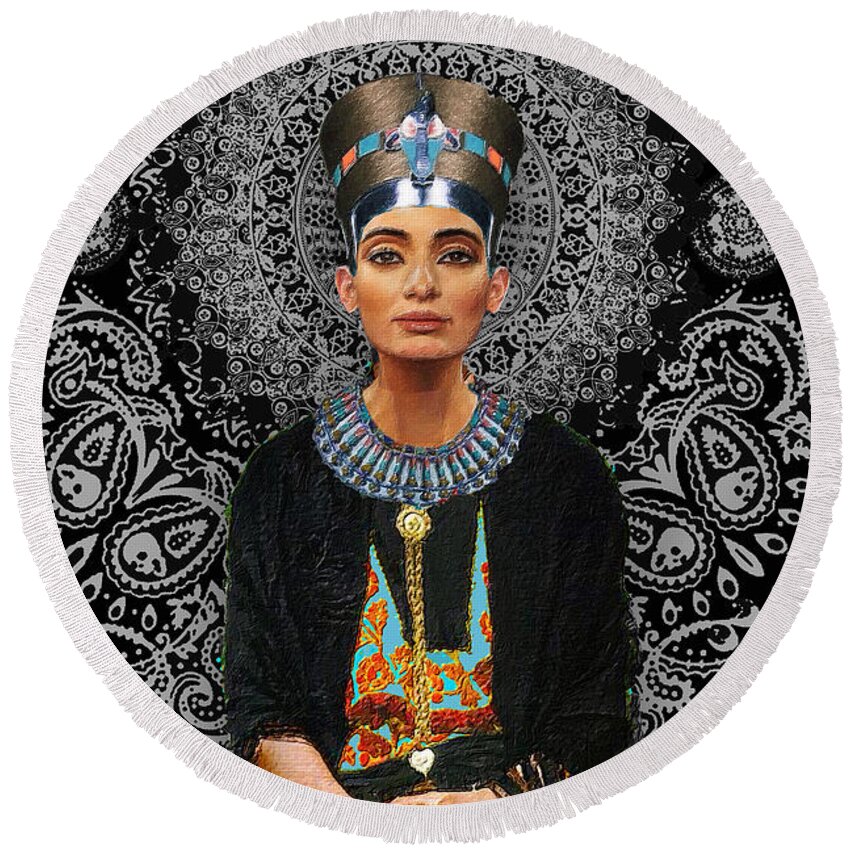 Egyptian Round Beach Towel featuring the painting Egyptian Queen Nefertiti T-Shirt by Tony Rubino