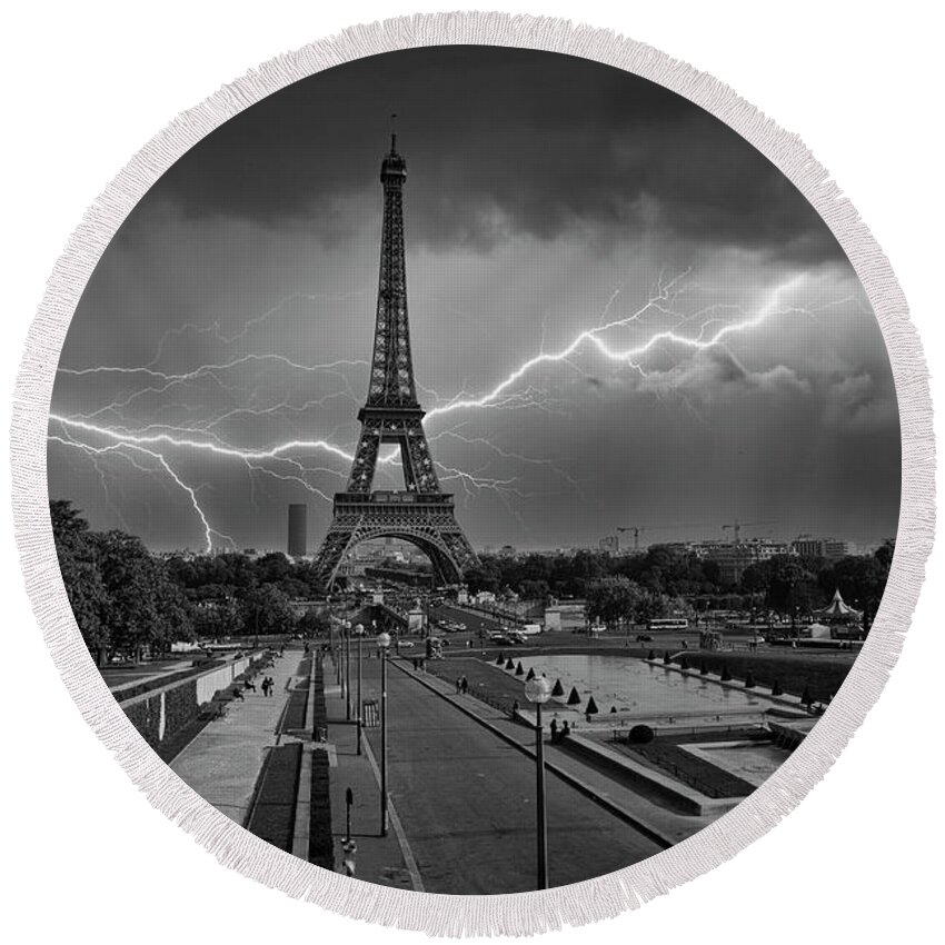 Paris Round Beach Towel featuring the photograph Eiffel Tower Lightning Paris BW by Chuck Kuhn
