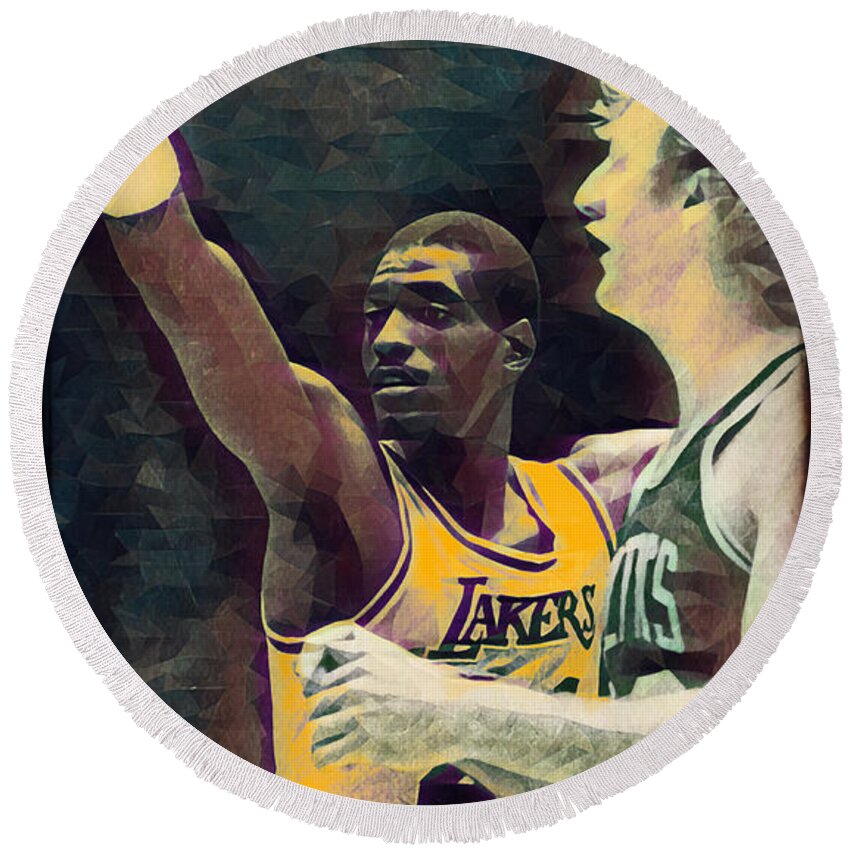 Lakers Round Beach Towel featuring the mixed media Eighties Showdown by Row One Brand