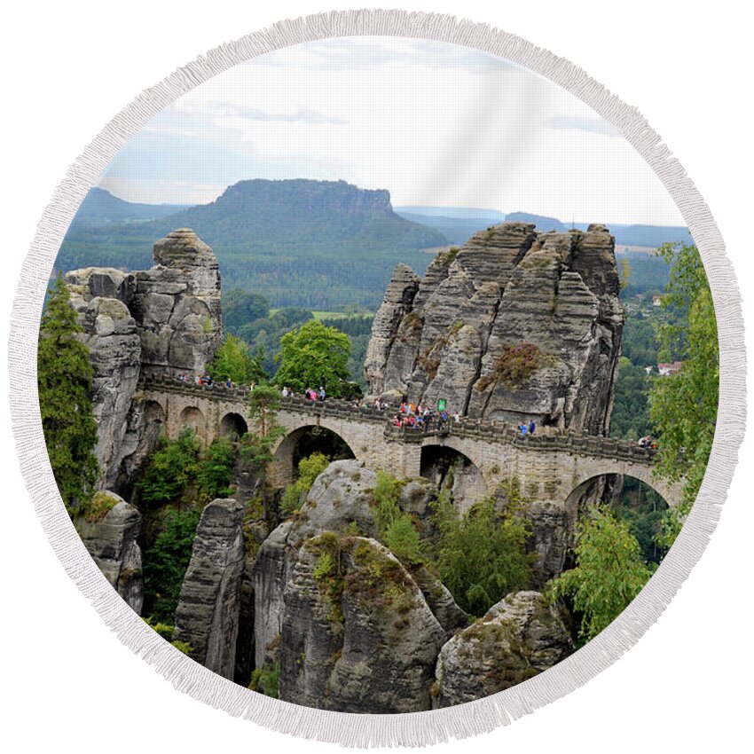 Beautiful Round Beach Towel featuring the photograph Elbe Sandstone Mountains in the state of Saxony in southeastern Germany by Gunther Allen