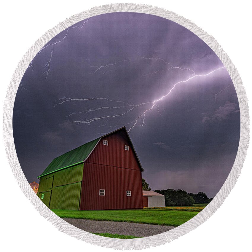 Barn Round Beach Towel featuring the photograph Electric Farm by Marcus Hustedde