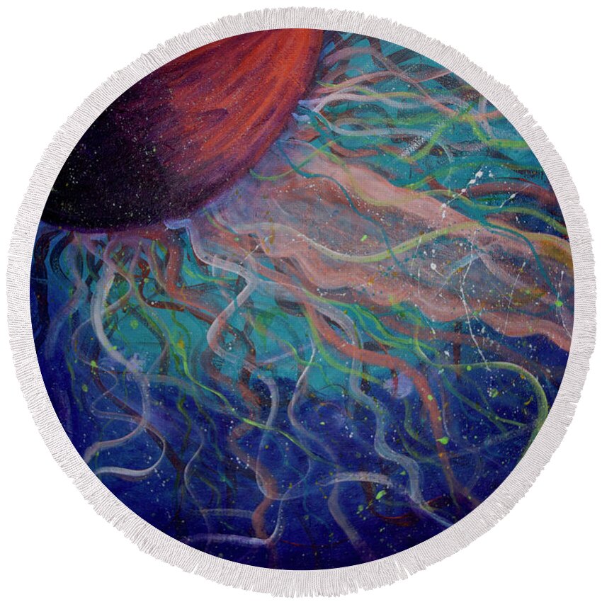 Jellyfish Wall Art Round Beach Towel featuring the painting Electric Jellyfish 1 by Mike Mooney
