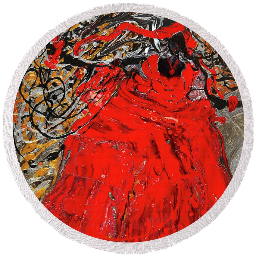 Fluid Pour Round Beach Towel featuring the painting Elegance in Red by Tessa Evette