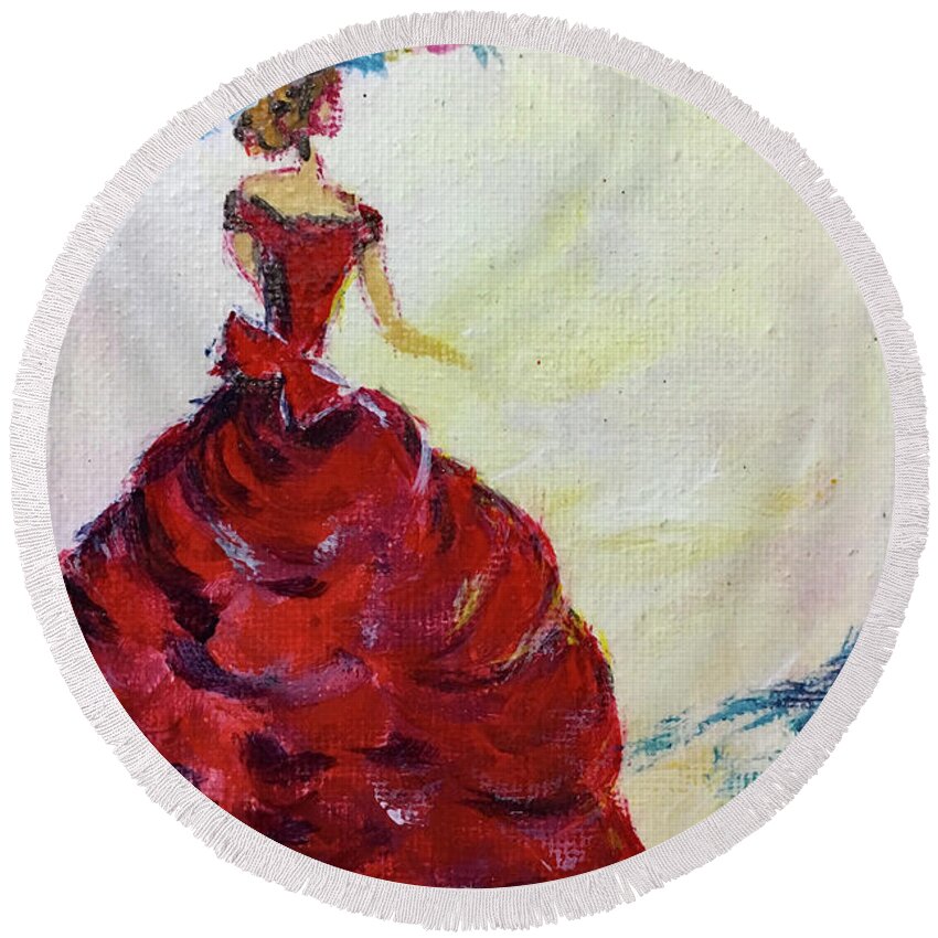 Lady Round Beach Towel featuring the painting Elegant Lady in a Red Dress by Roxy Rich