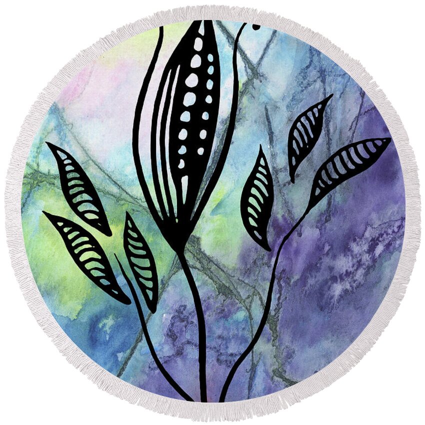 Floral Pattern Round Beach Towel featuring the painting Elegant Pattern With Leaves In Blue And Purple Watercolor I by Irina Sztukowski