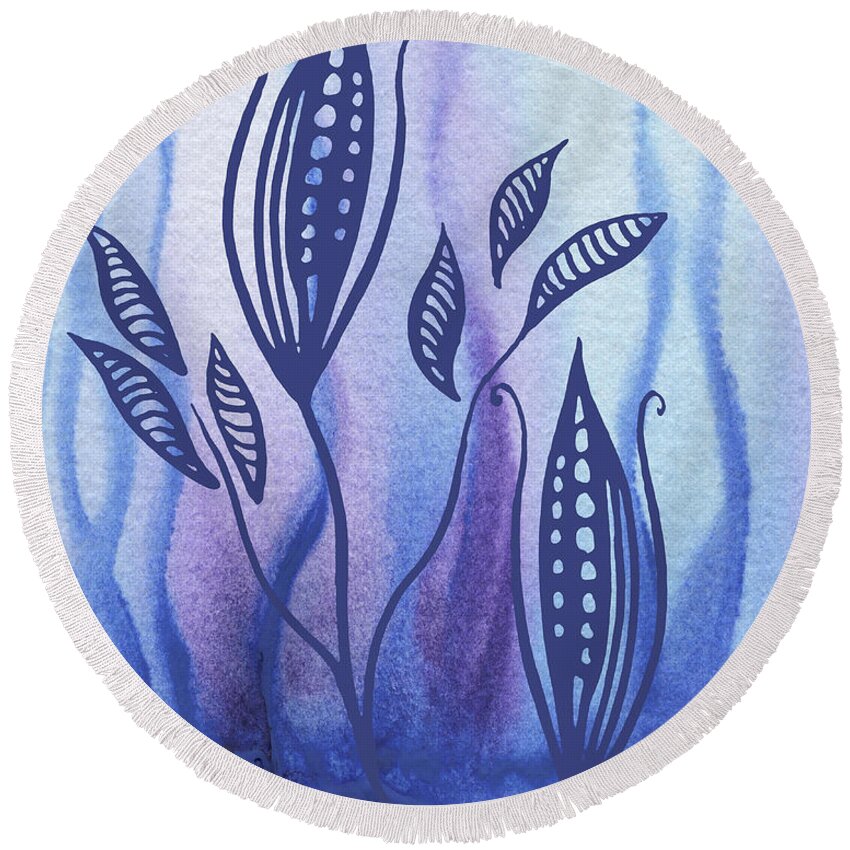Floral Pattern Round Beach Towel featuring the painting Elegant Pattern With Leaves In Blue And Purple Watercolor II by Irina Sztukowski