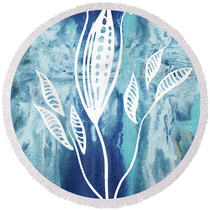 Floral Pattern Round Beach Towel featuring the painting Elegant Pattern With Leaves In Teal Blue Watercolor I by Irina Sztukowski