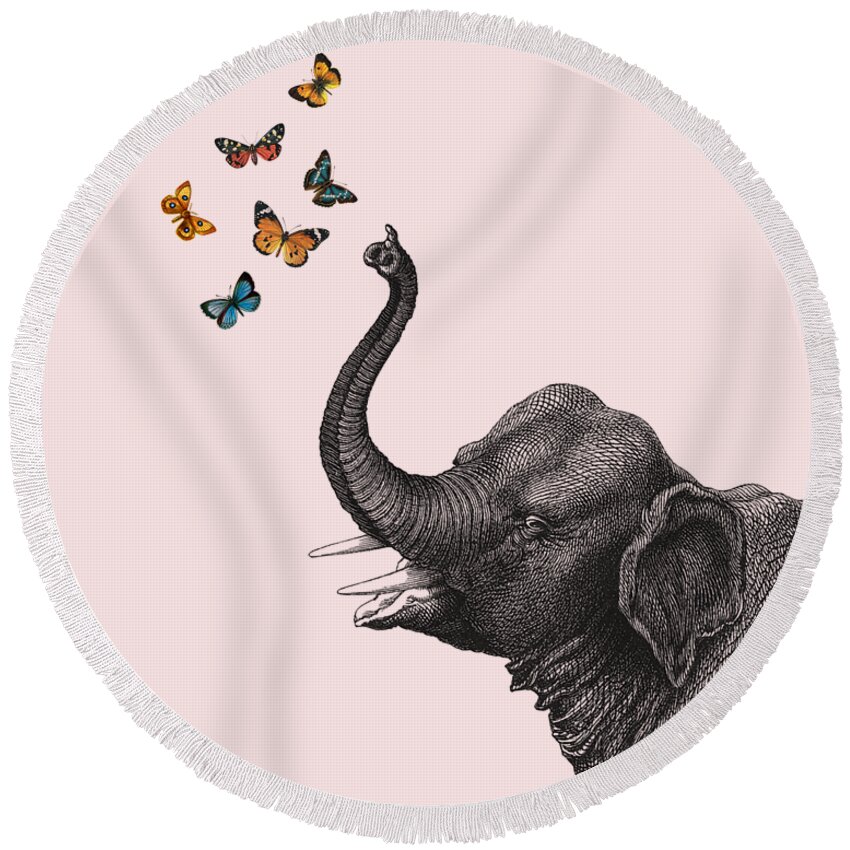Elephant Round Beach Towel featuring the digital art Elephant blowing butterflies by Madame Memento